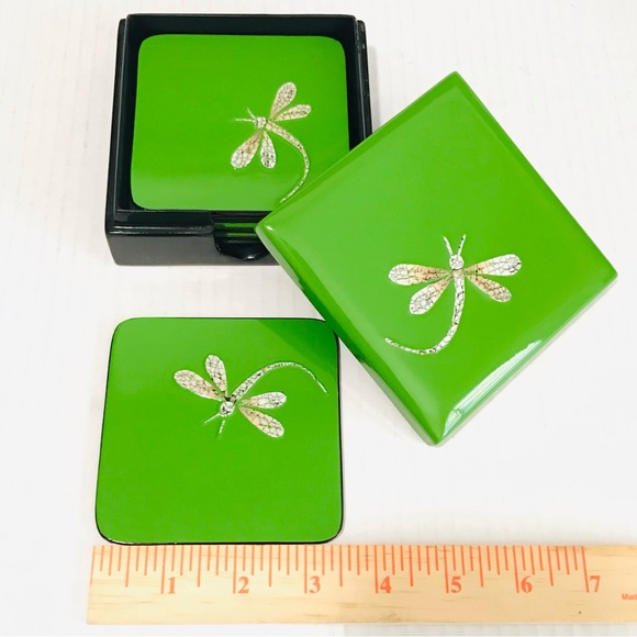 Lacquer Dragonfly Coasters Non Skid Back in Wood Lacquered Box Green/Black Set-6 - Picture 6 of 6